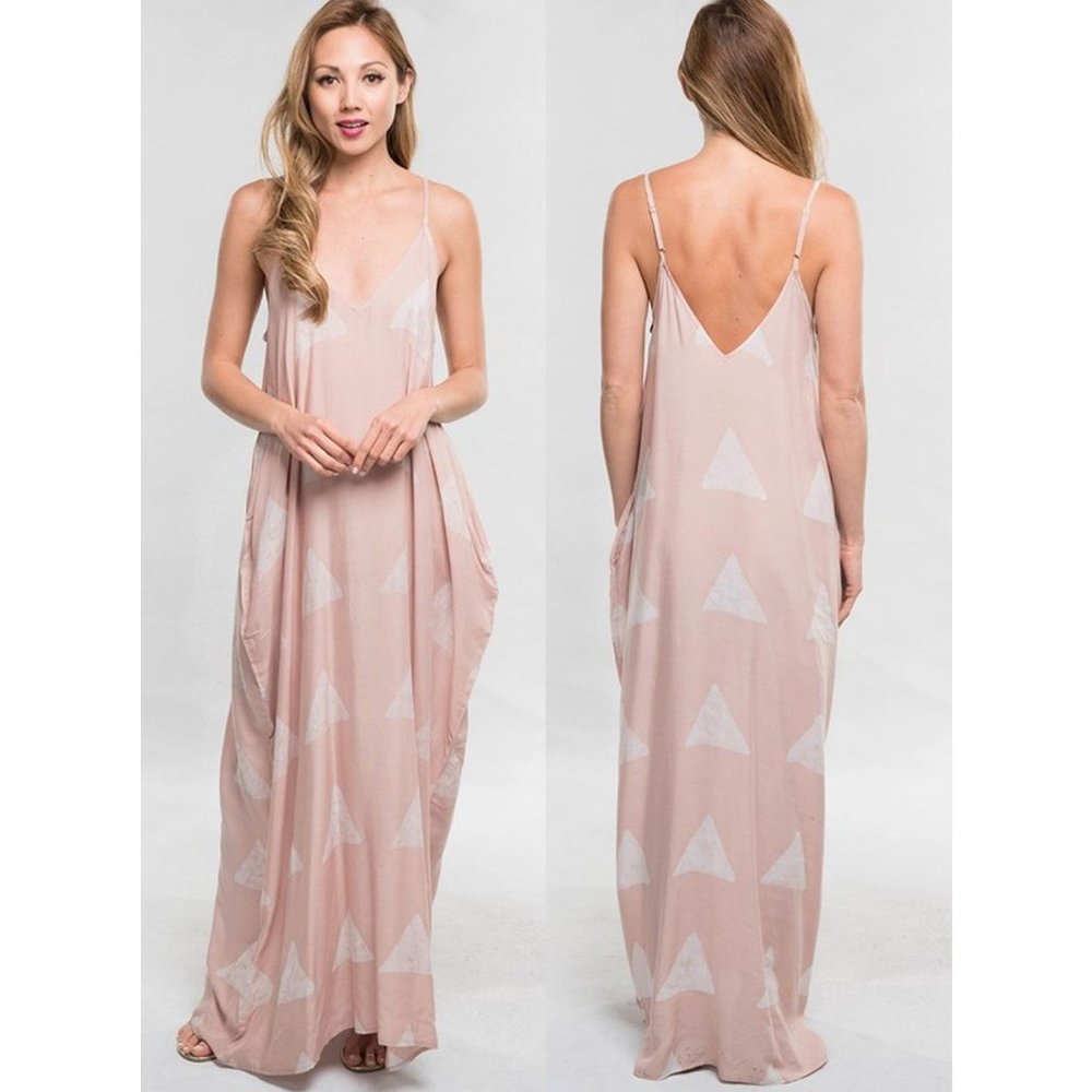 NWT LOVE STITCH Nude Block Hand Printed Cocoon Maxi Dress w/ Pockets Slouchy S/M
